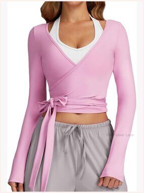 Long Sleeve Deep V Neck Cross Tie Wrap Top for Dance Yoga Pilates Ballet Workout